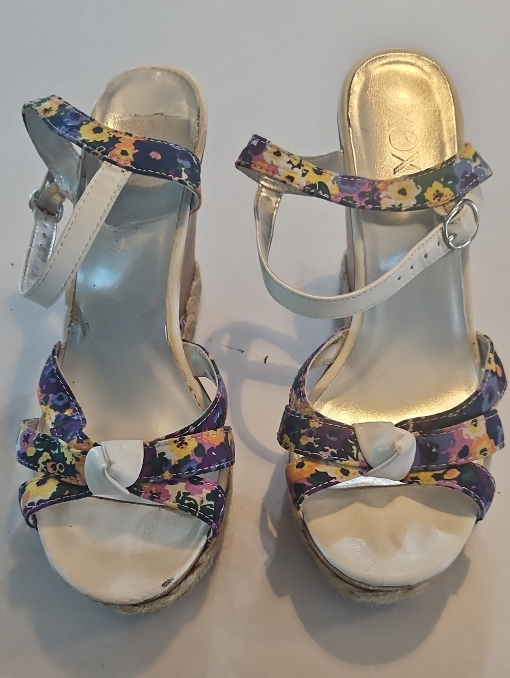 Oxo Floral Wedge Sandals in Purple, Yellow & Cream with White Knot